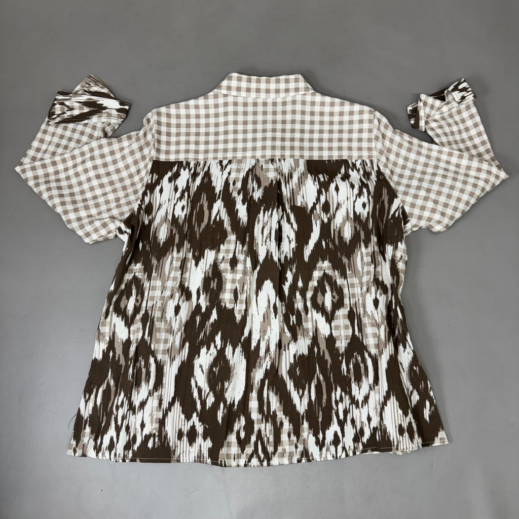 MULTIPLES Button-Up Plaid Shirt w/Cuff Petite Women's Sz PM Brown/Cream M44506BP