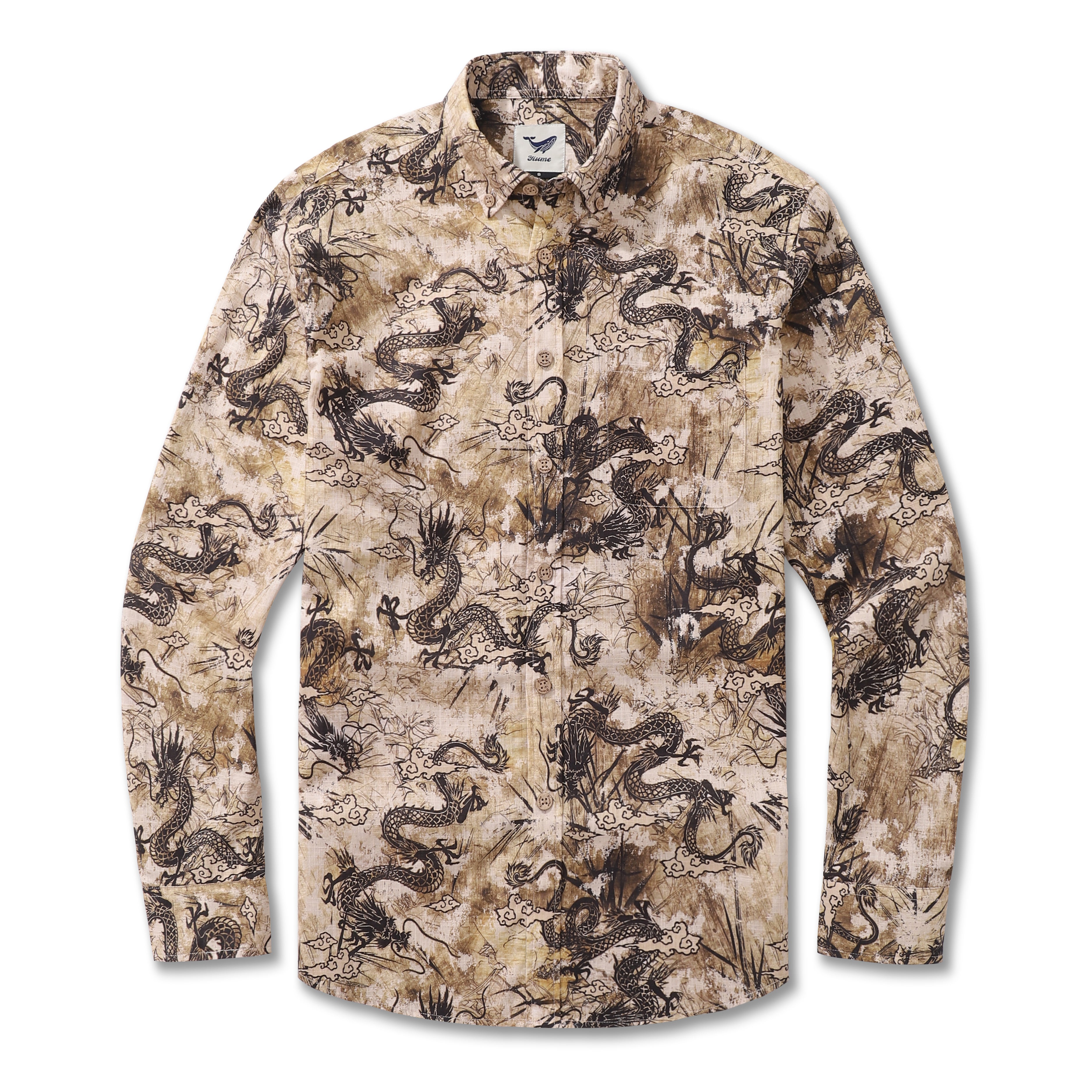 Long Sleeve Hawaiian Shirt For Men Dragon Totem Pattern Cotton Button-down Aloha Shirt By Sun