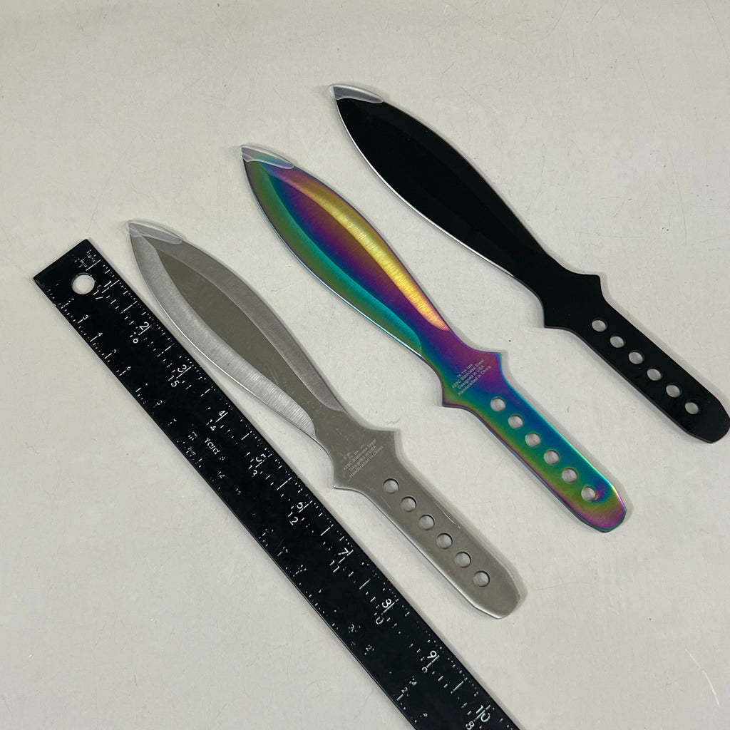 3 Piece Throwing Knife Set W/Sheath 9" Rainbow, Black, Silver Blades TK-114-3MX