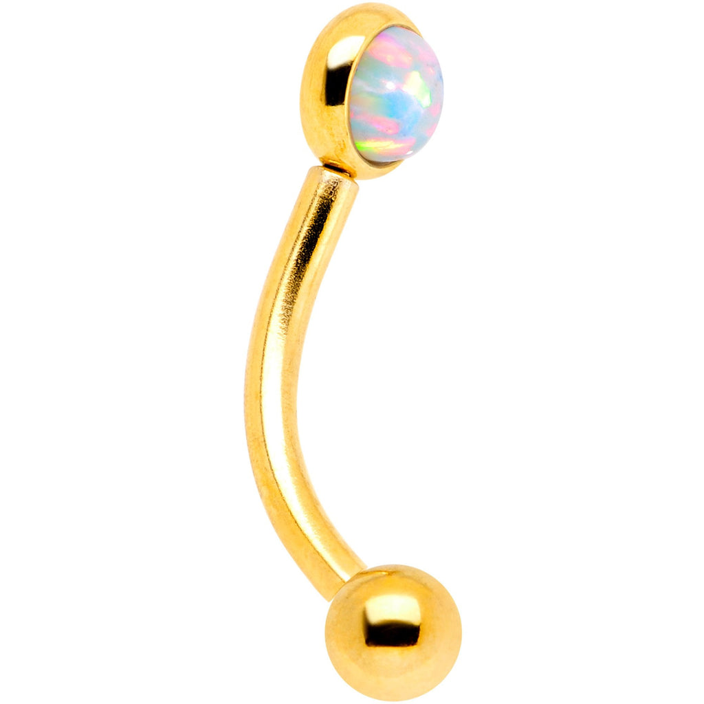 16G 5/16 White Synthetic Opal Flat Set Gold IP Curved Eyebrow Rook Piercing