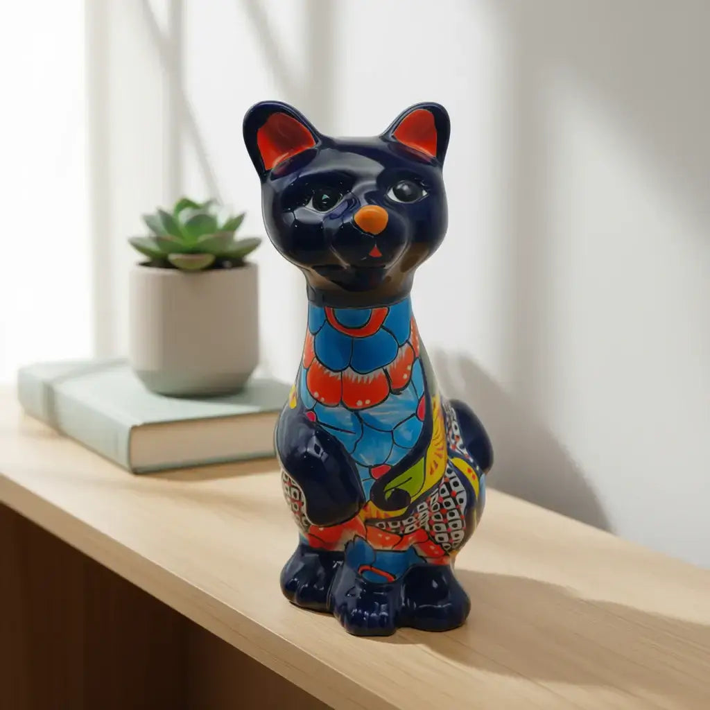 Talavera Cat Statue | Hand-Painted Mexican Ceramic Figurine
