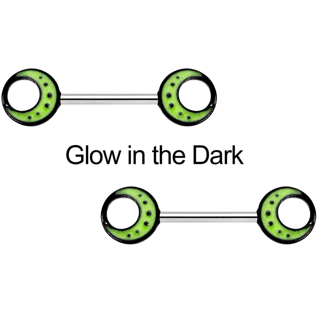 14G 9/16 Glow in the Dark Yellow Moon Barbell Nipple Ring Set