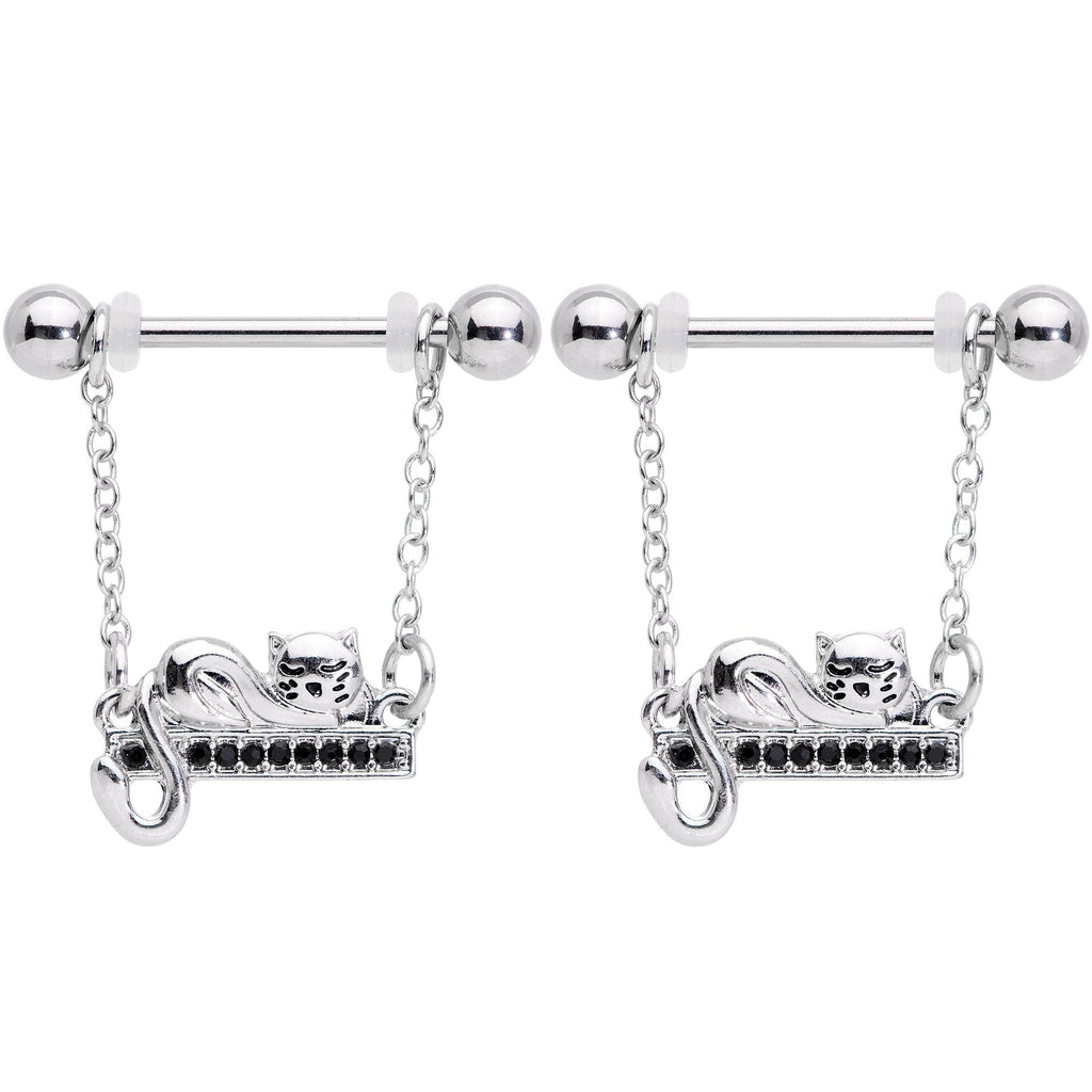 14G 5/8 Black Gem Nap Cat Dangle Nipple Ring Set