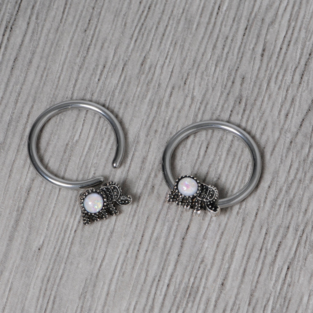 14G 1/2 White Faux Opal Elephant BCR Captive Nipple Ring Set