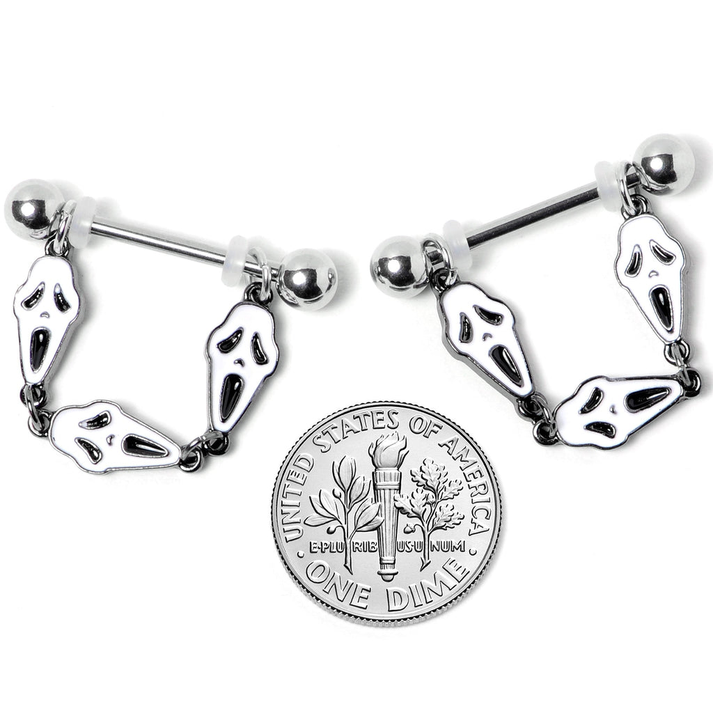 14G 9/16 Scary Screaming Ghost Halloween Dangle Nipple Ring Set