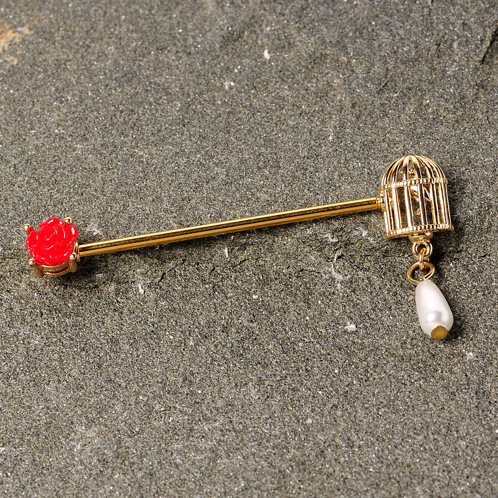 14G Gold Tone Red Flower Birdcage Industrial Barbell 38mm