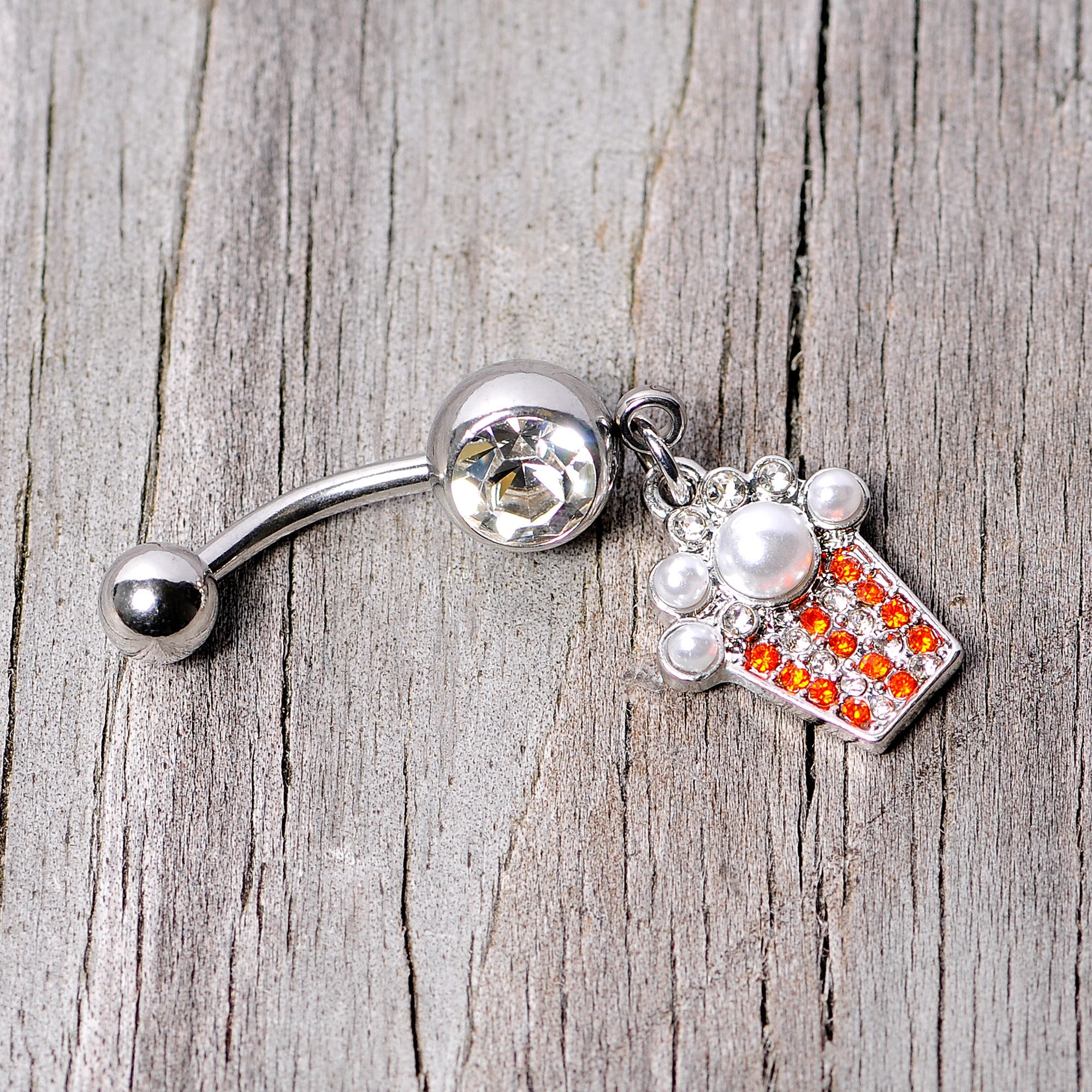 Clear Red Gem White Orb Movie Night Popcorn Dangle Belly Ring