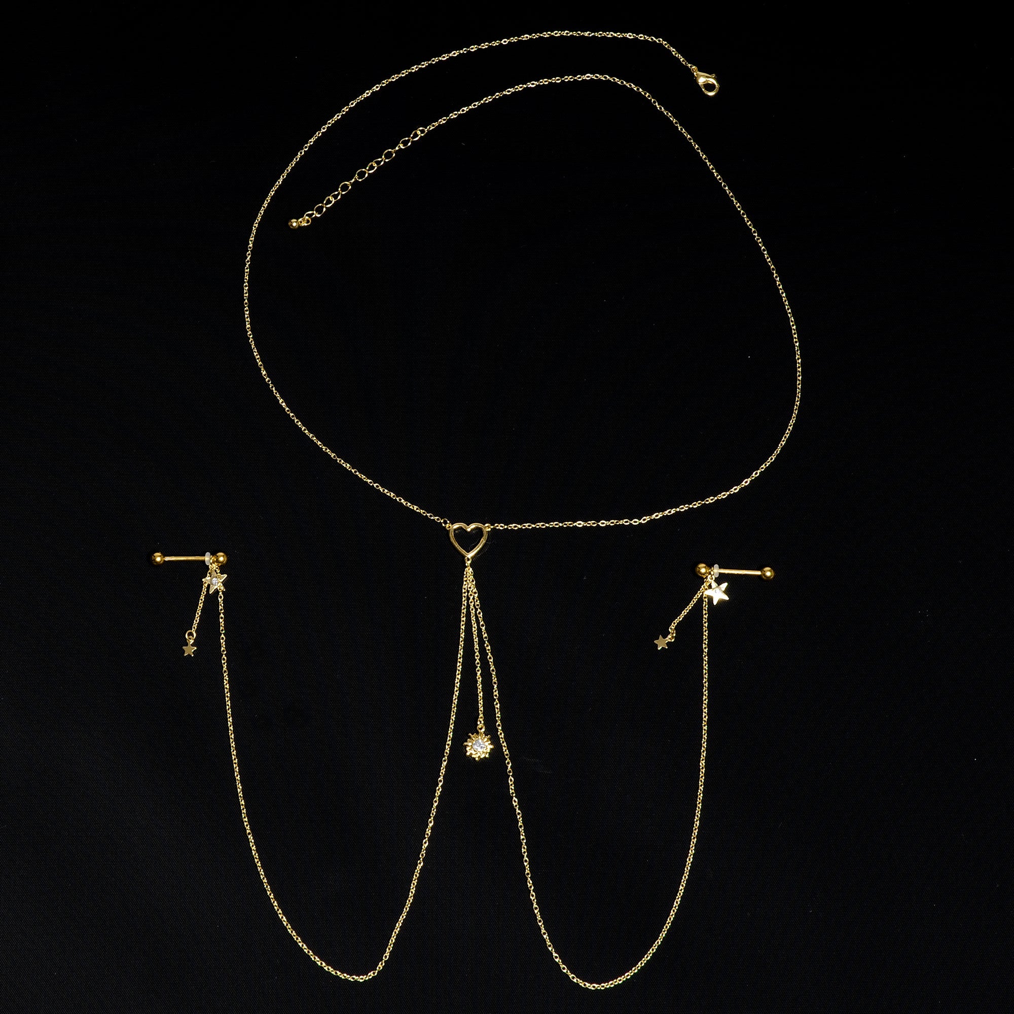 14G 5/8 Clear Gem Gold Tone Sun Heart Star Nipple Chain Necklace