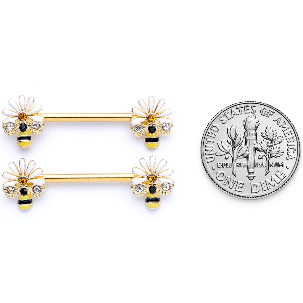 14G 9/16 Clear Gem Gold Tone Flower Bee Barbell Nipple Ring Set