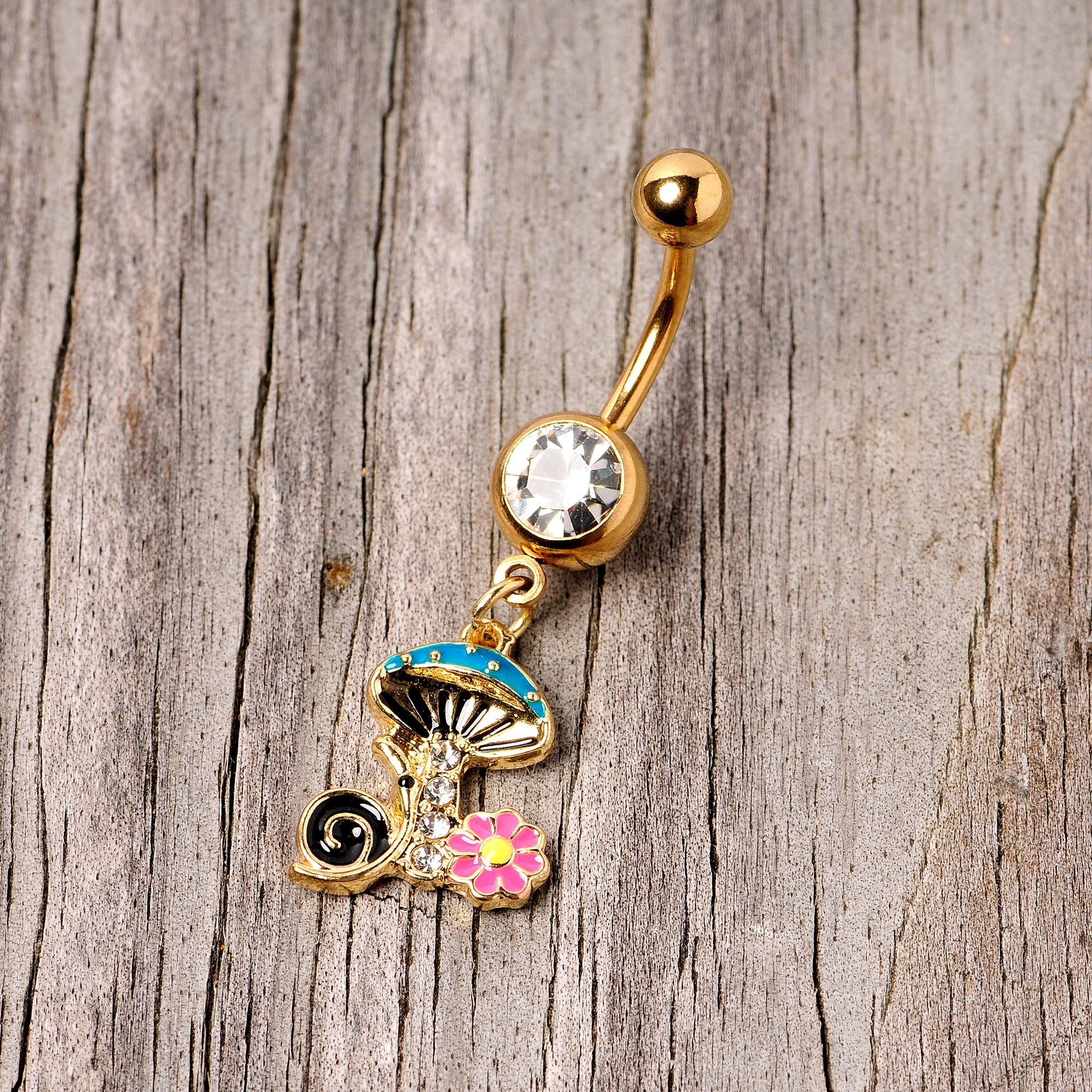 Clear Gem Gold Tone Snail Flower Magic Mushroom Dangle Belly Ring