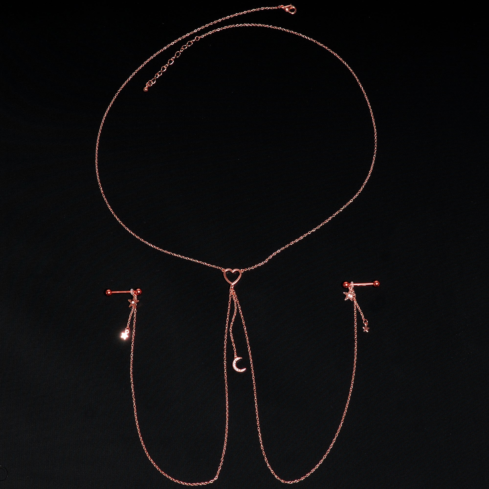 14G 5/8 Clear Gem Rose Gold Hue Star Moon Nipple Chain Necklace