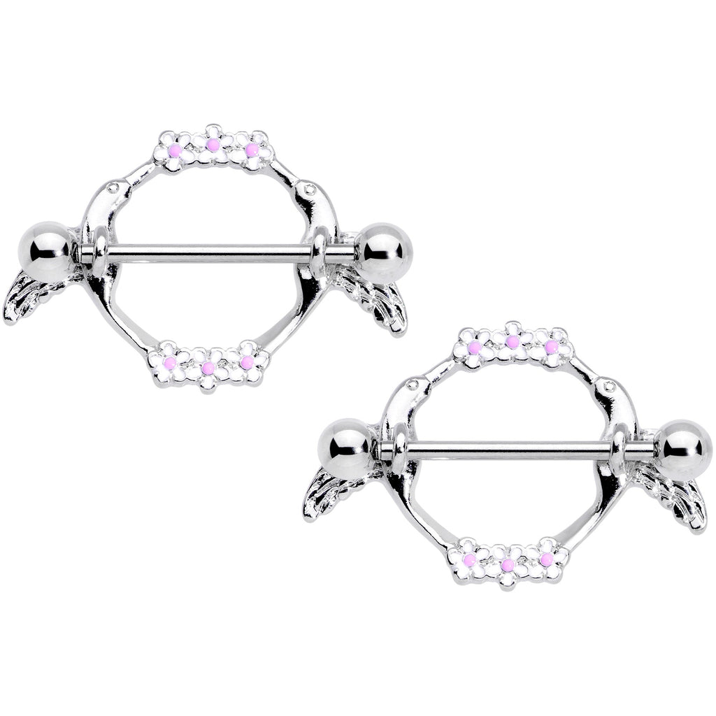 14G 9/16 Pink White Flower Hummingbird Nipple Shield Set