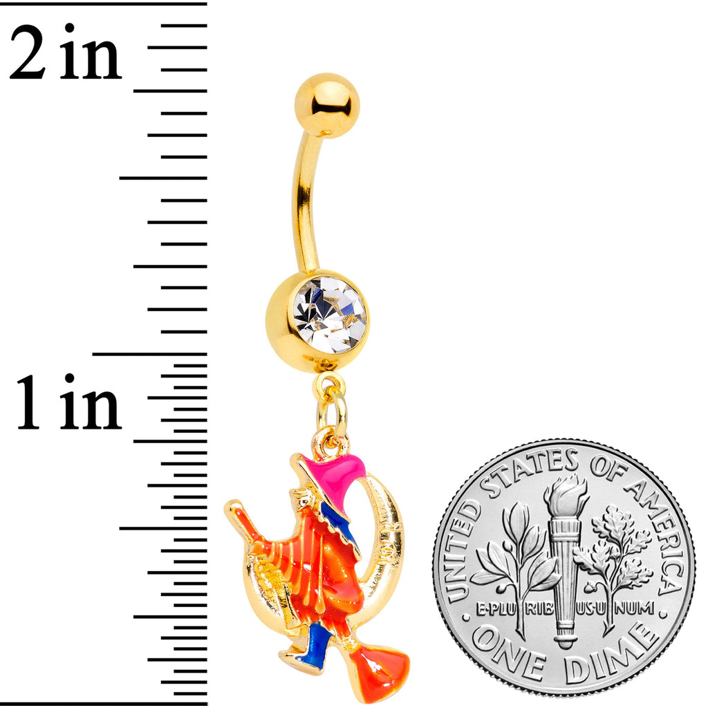 Clear Gem Gold Tone Red Witch Moon Halloween Dangle Belly Ring