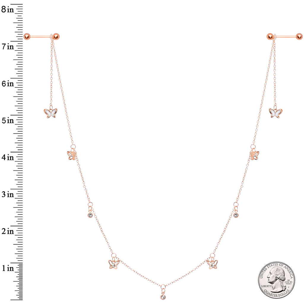 14G 9/16 Clear Gem Rose Gold Tone Butterfly Dangle Nipple Chain