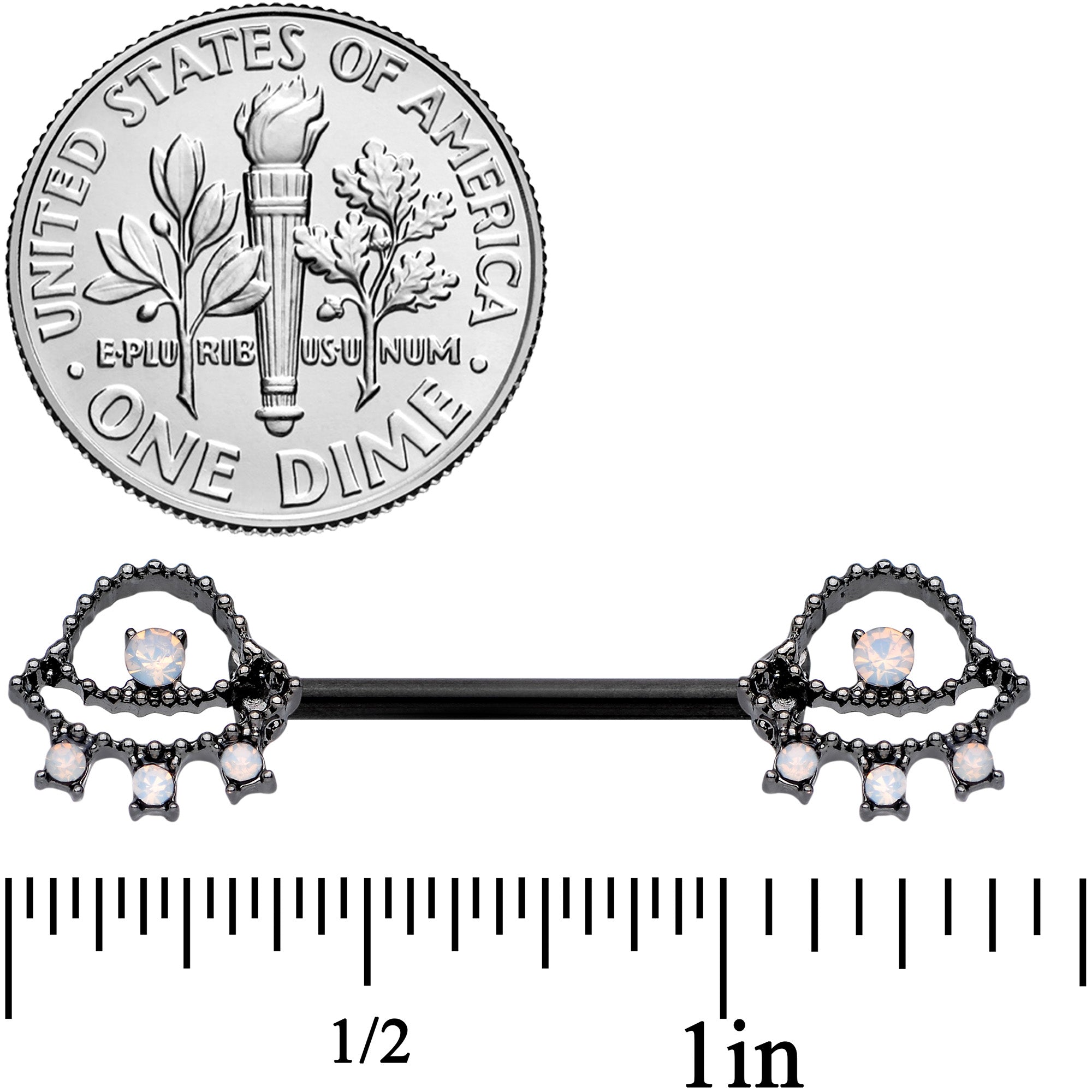 14G 9/16 White Faux Opal Black UFO Barbell Nipple Ring Set