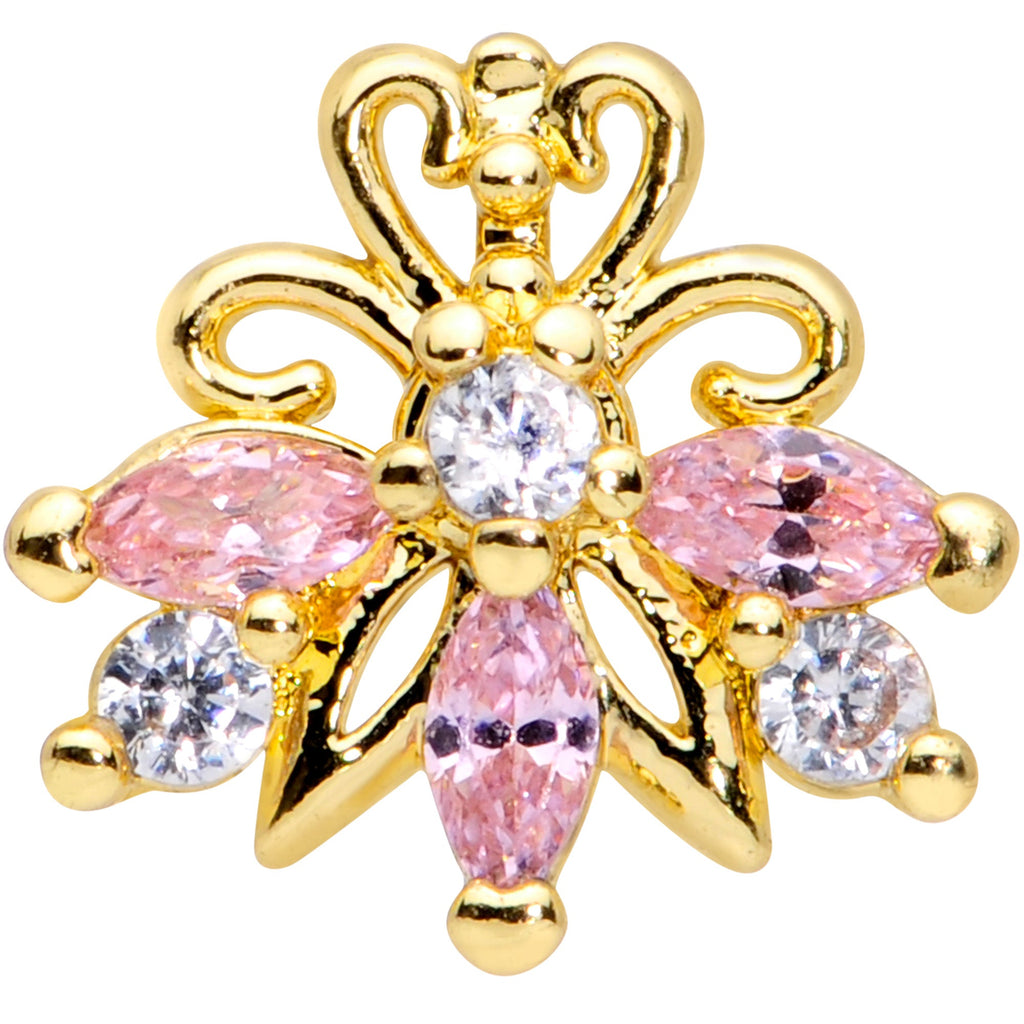 16G 5/16 Clear Pink CZ Gem Gold Tone Looping Labret Monroe Tragus