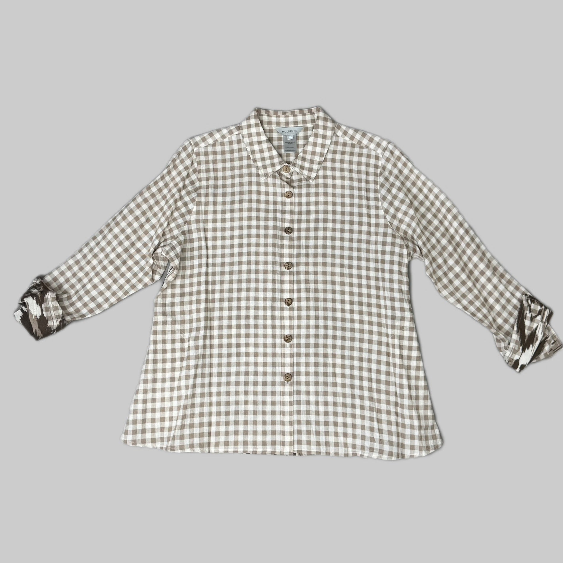 MULTIPLES Button-Up Plaid Shirt w/Cuff Petite Women's Sz PXL Brown/Cream M44506BP