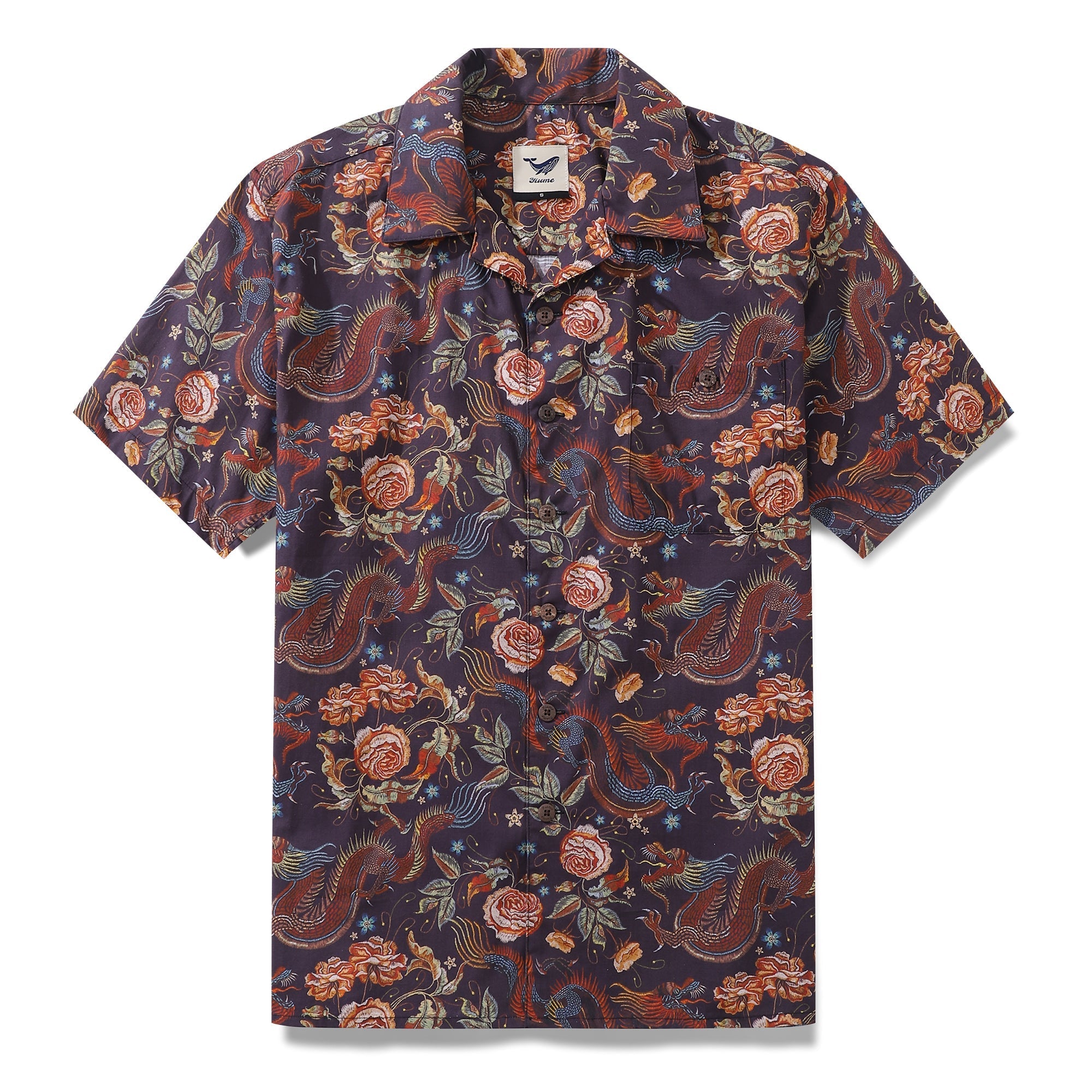 Hawaiian Shirt For Men Embroidered Dragon Pattern Shirt Camp Collar 100% Cotton By Sun
