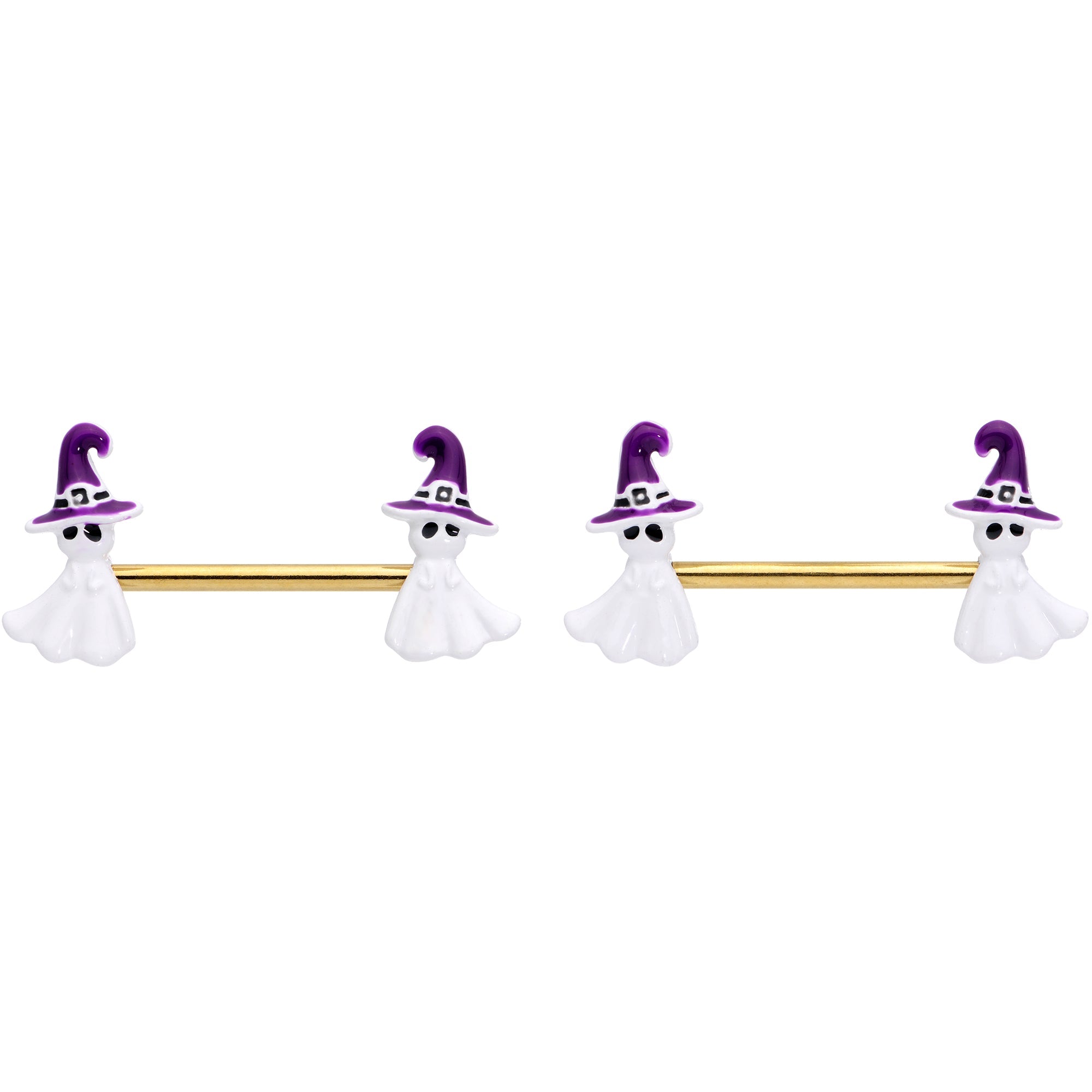14G 9/16 Gold Tone Ghost Witch Halloween Barbell Nipple Ring Set