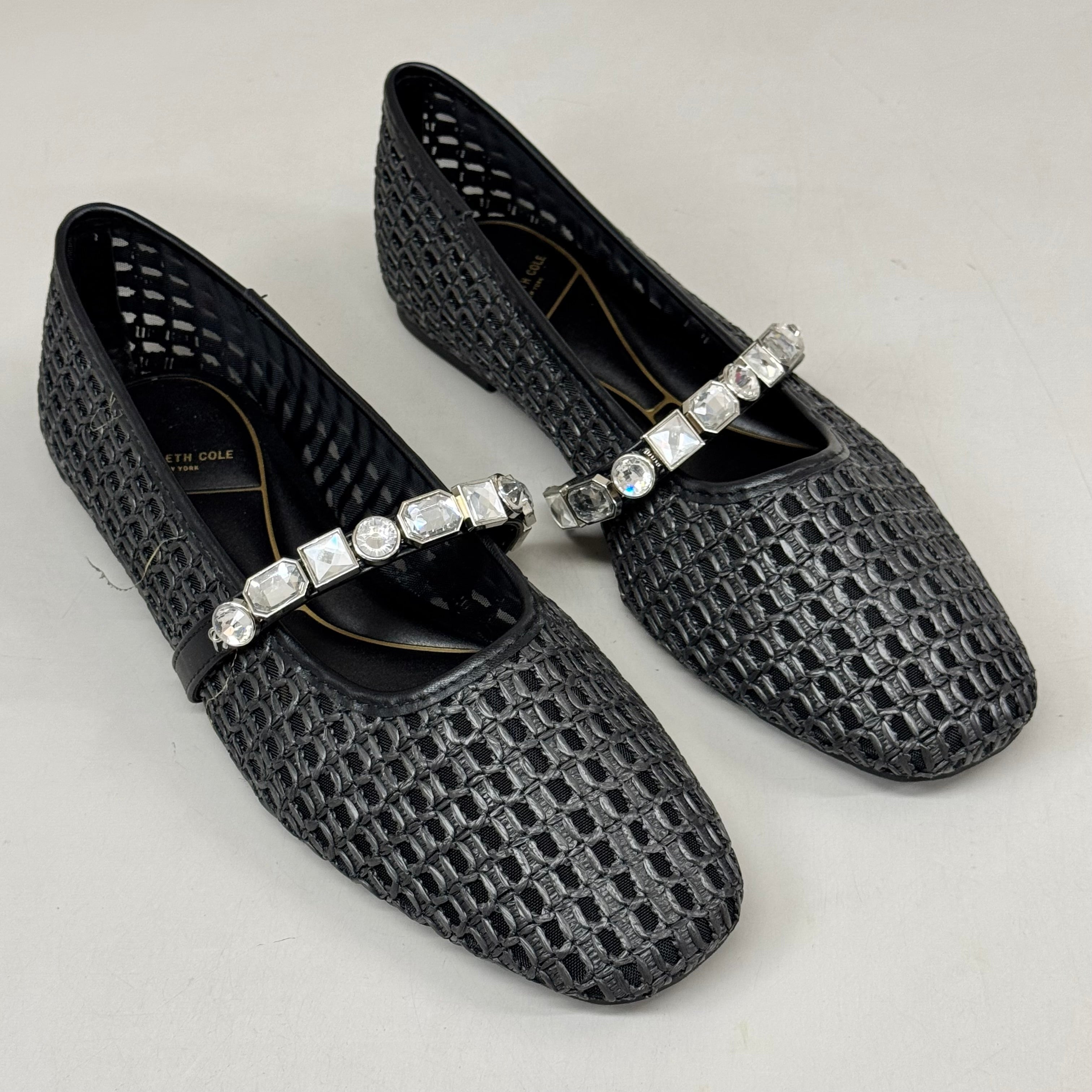 KENNETH COLE New York Zeta Raffia Jewel Jane Flat Women's Sz 9.5 Black KL25ZMJ01