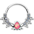 16G 3/8 Pink Faux Opal Stylized Lotus Hinged Segment Ring