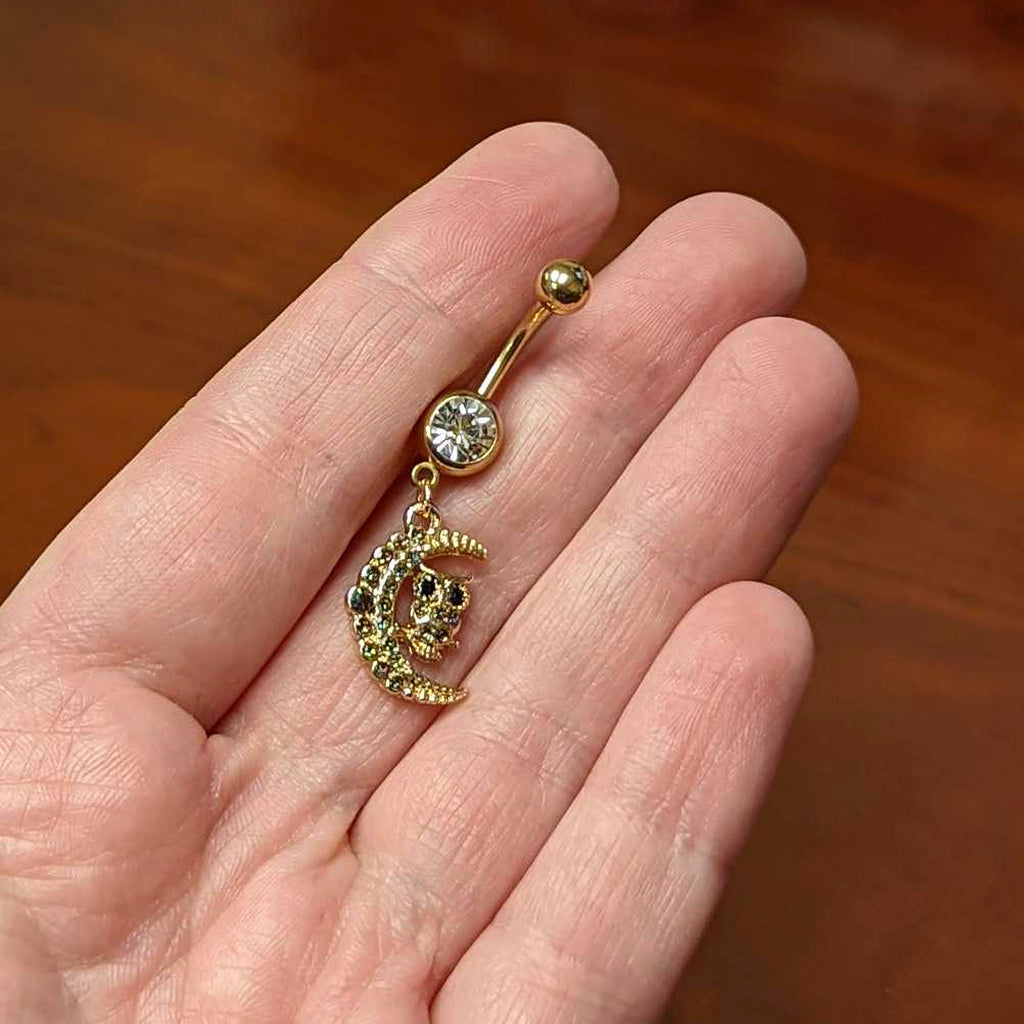 Clear Aurora Black Gem Gold Tone Owl Moon Dangle Belly Ring