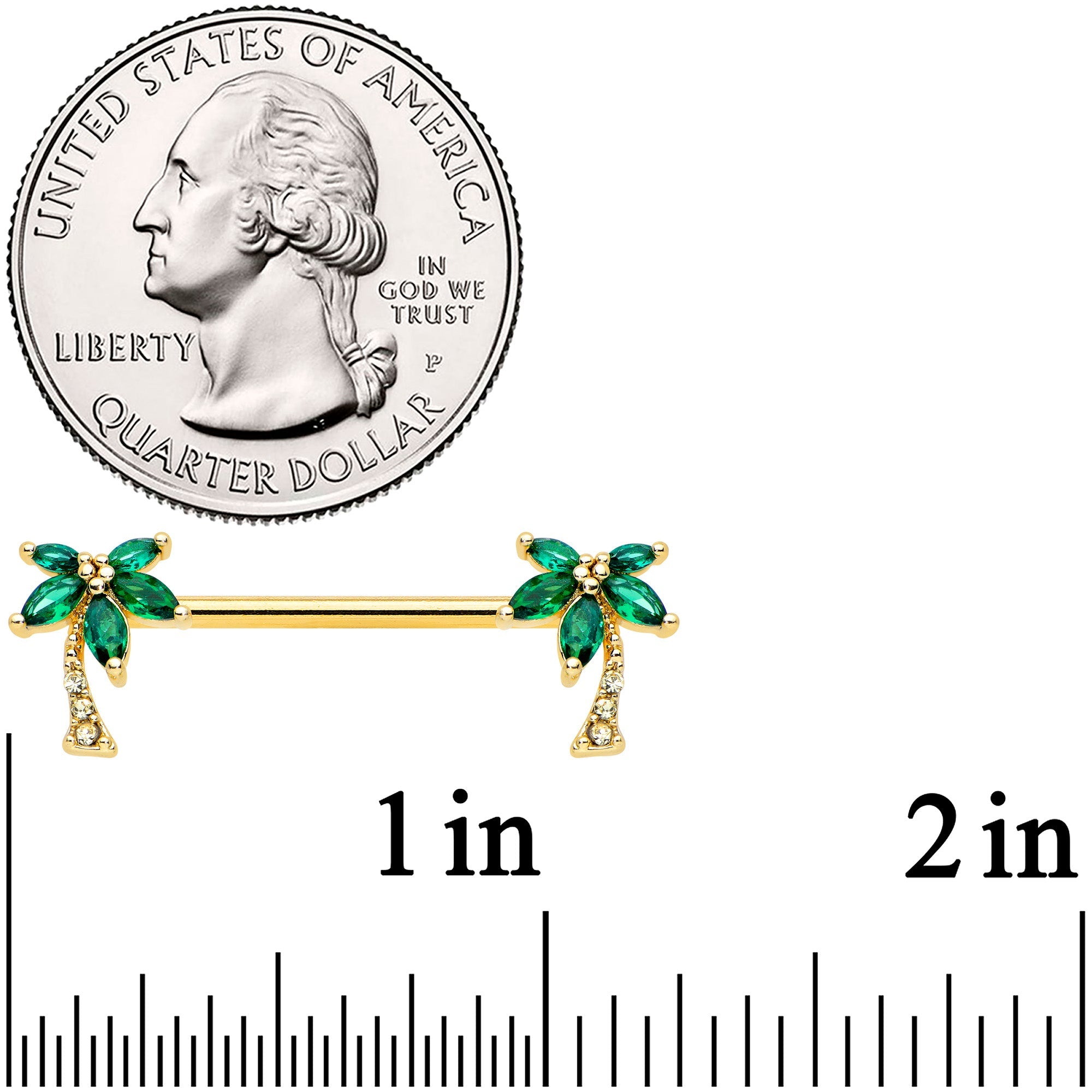 14G 9/16 Clear Green Gem Gold Tone Palm Tree Nipple Ring Set