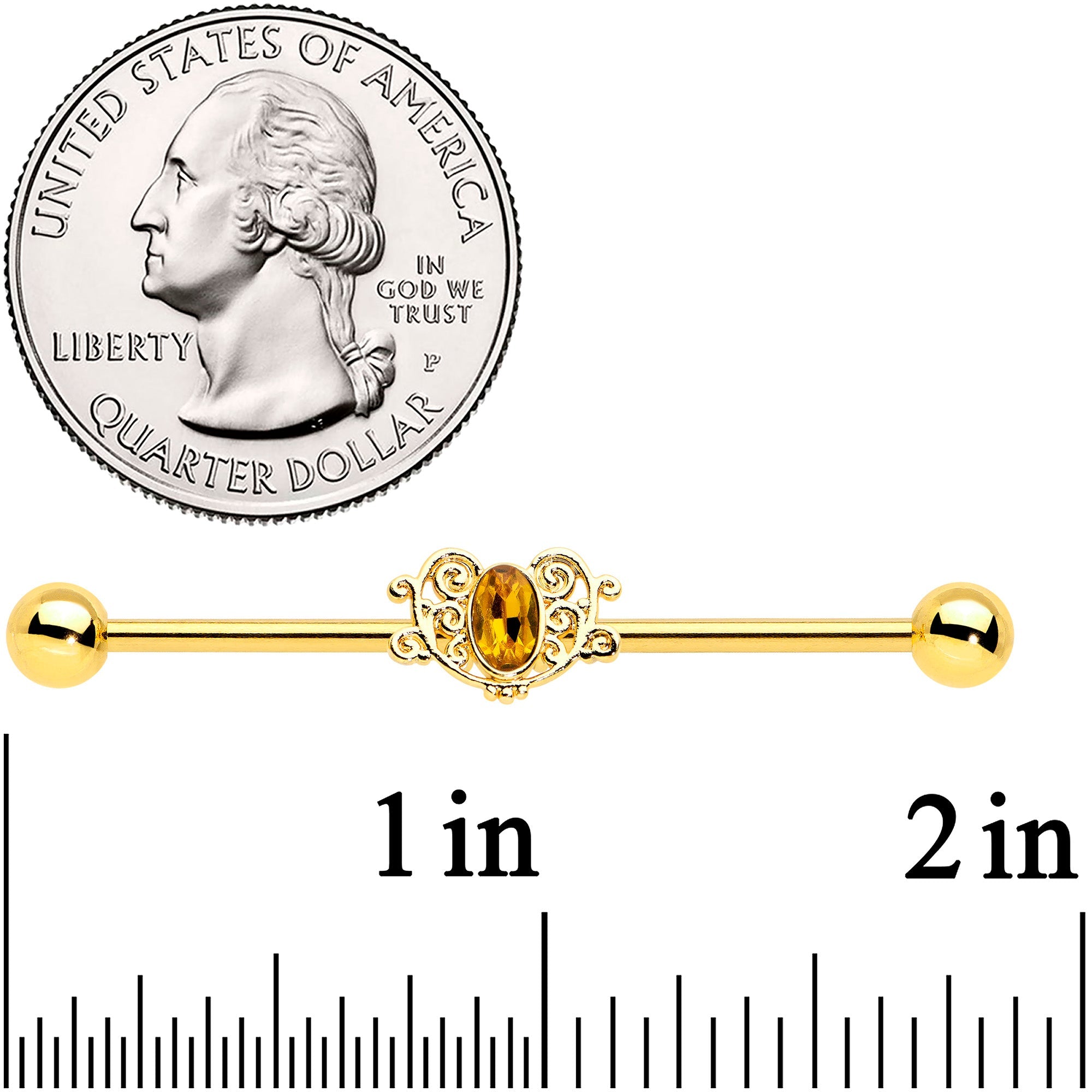 14G Yellow Gem Gold Tone Duet Scroll Industrial Barbell 38mm