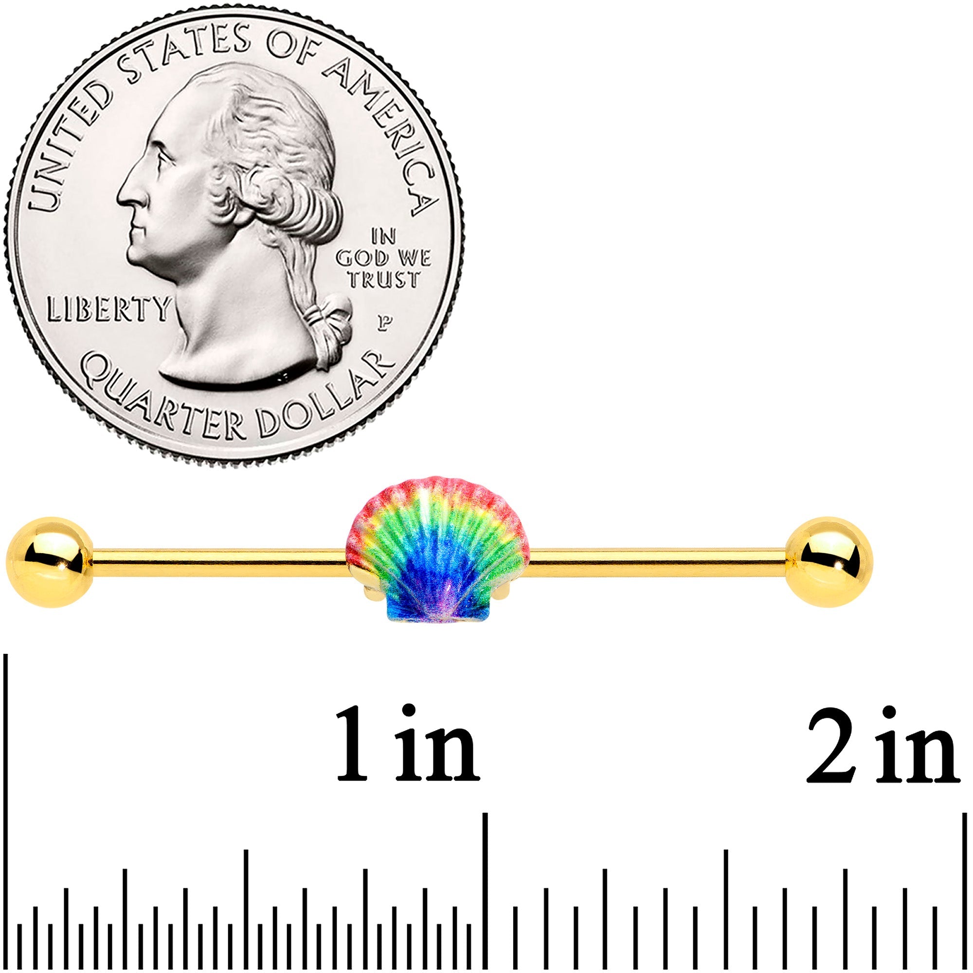 14G Gold Tone Rainbow Scallop Shell Industrial Barbell 38mm