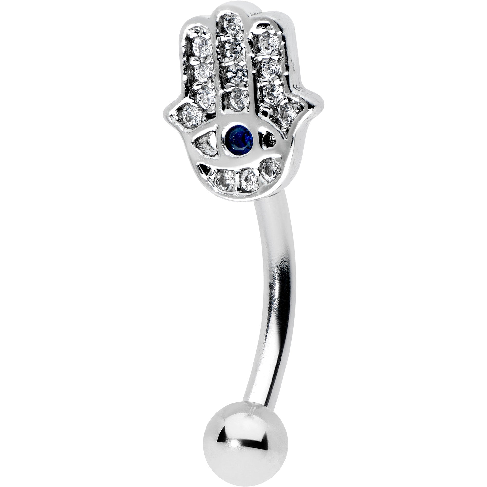 16G 5/16 Clear Blue Gem Eye Hamsa Hand Curved Eyebrow Ring
