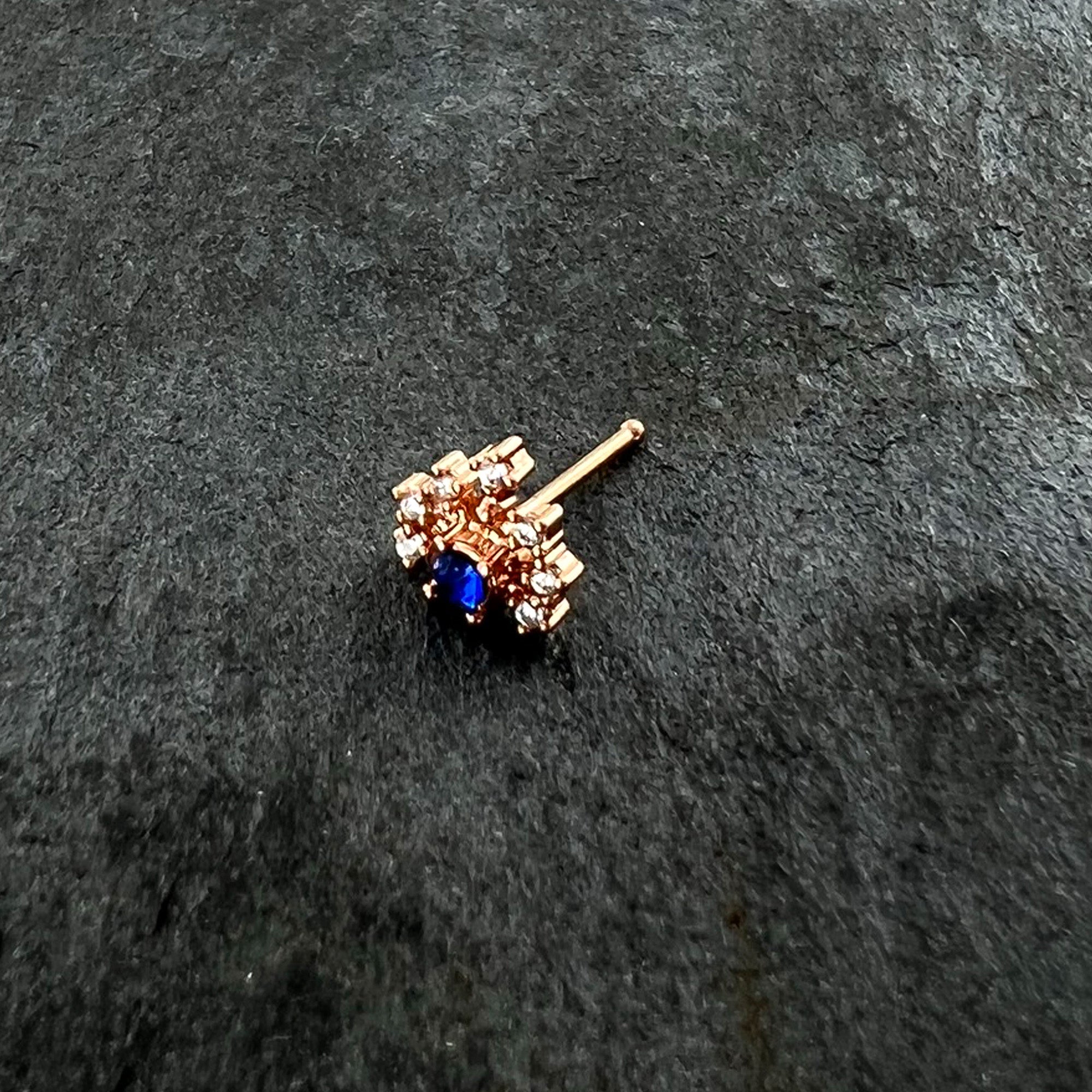 20G 1/4 Blue Clear Gem Rose Gold Tone Glamour Flare Nose Bone