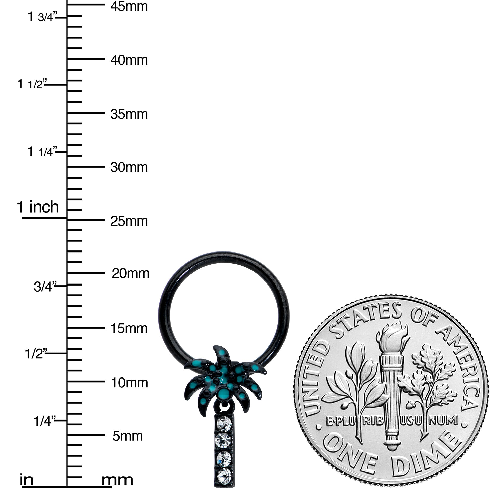 16G 3/8 Clear Gem Black Night Palm Tree Dangle BCR Captive Ring