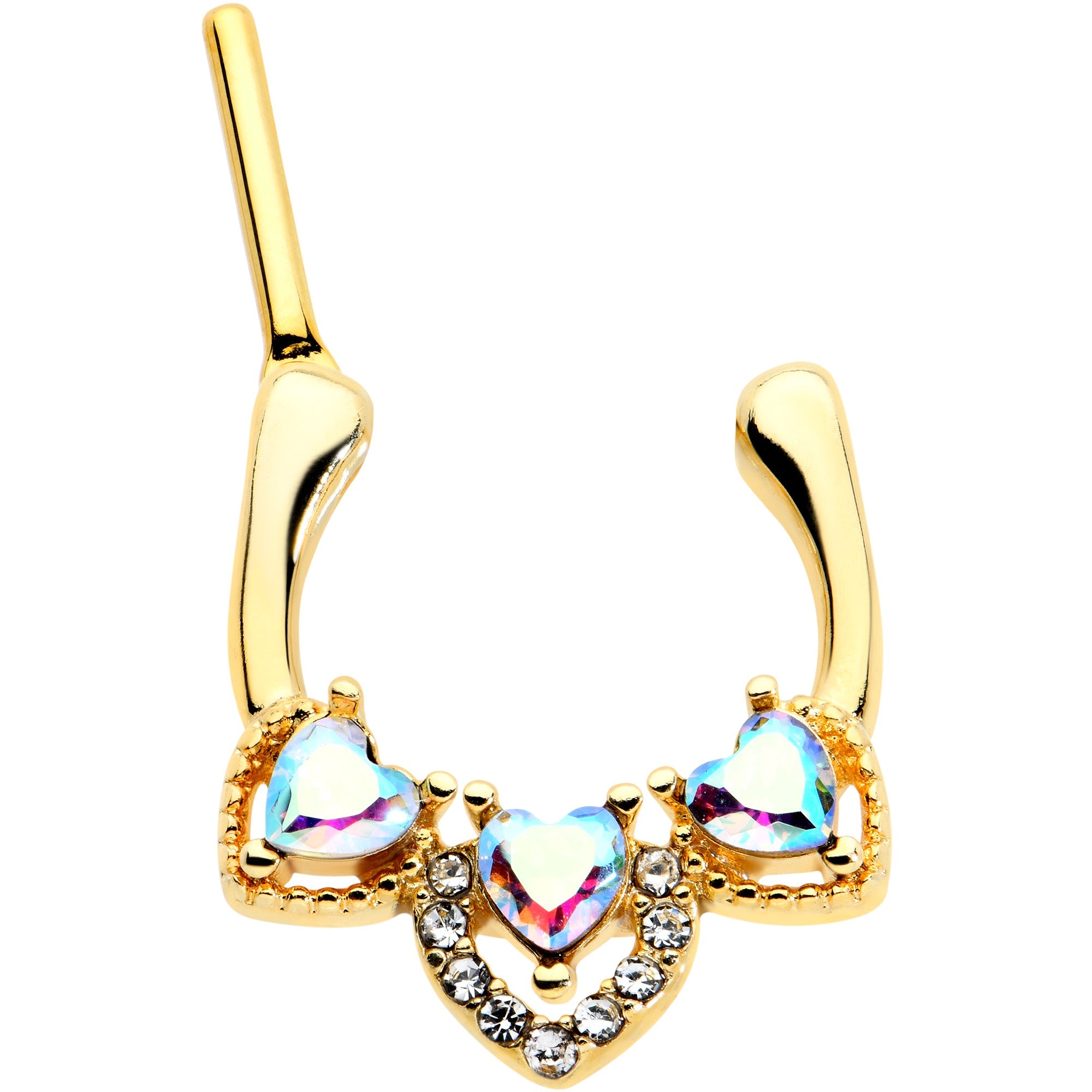 16G 5/16 Clear Aurora Gem Gold Tone Trio Heart Cartilage Clicker