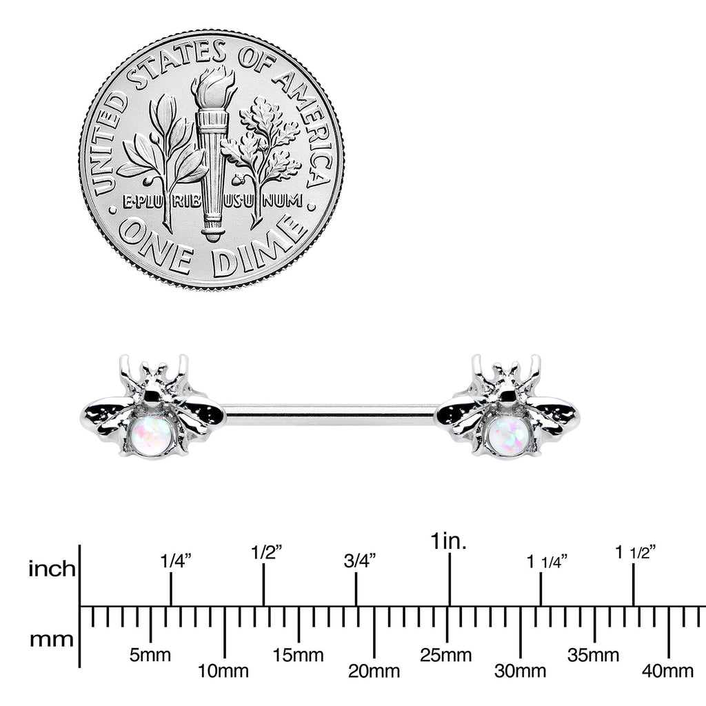 14G 9/16 White Faux Opal Bee Beauty Insect Barbell Nipple Ring Set