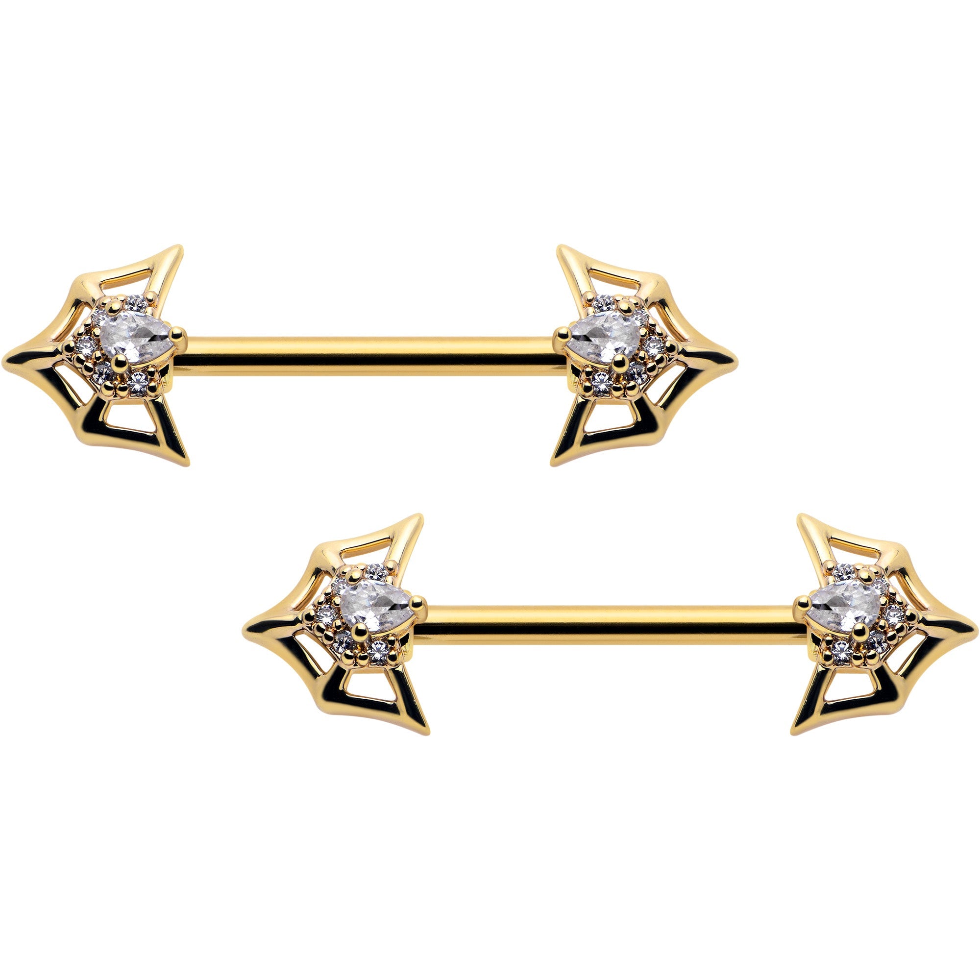 14G 5/8 Clear Gem Gold Tone Spider Bat Barbell Nipple Ring Set