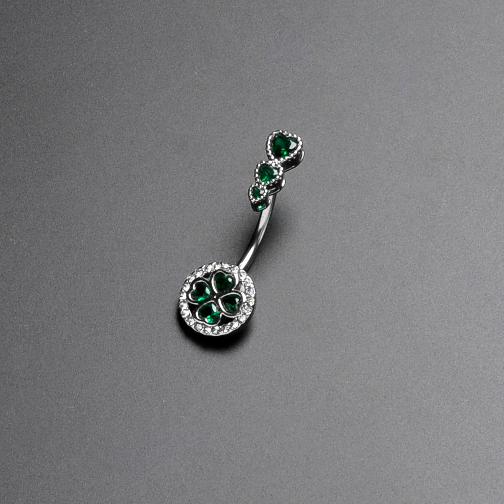 Green Clear Gem Triple Drop Heart Shamrock Double Mount Belly Ring