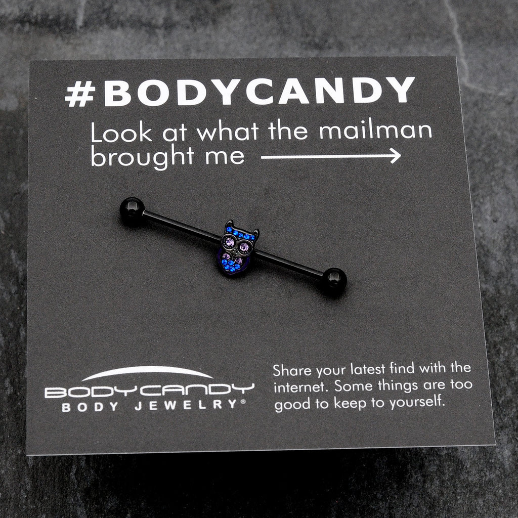 14G Blue Purple Gem Black Opulent Owl Industrial Barbell 38mm