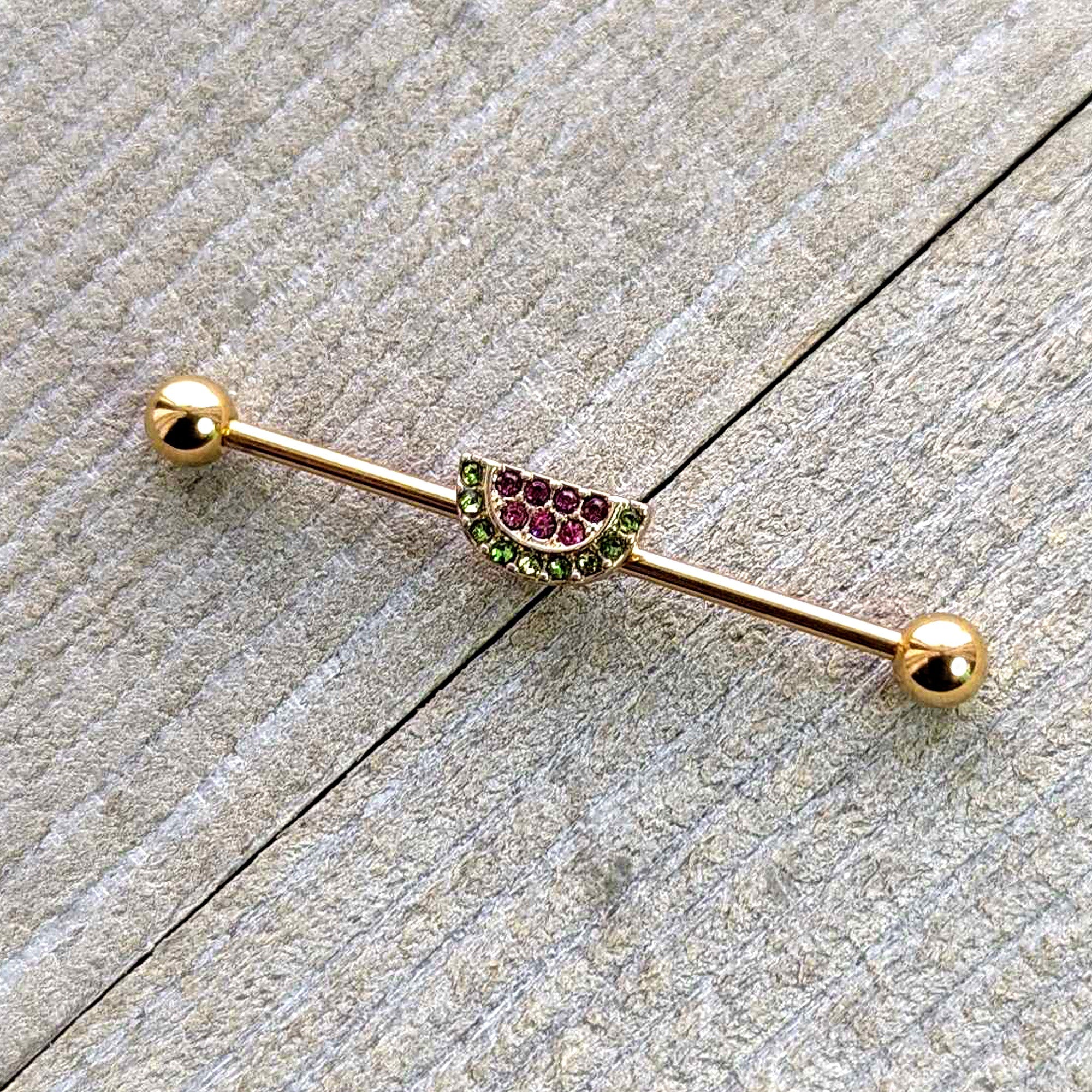 14G Pink Green Gem Gold Hue Watermelon Yum Industrial Barbell 38mm