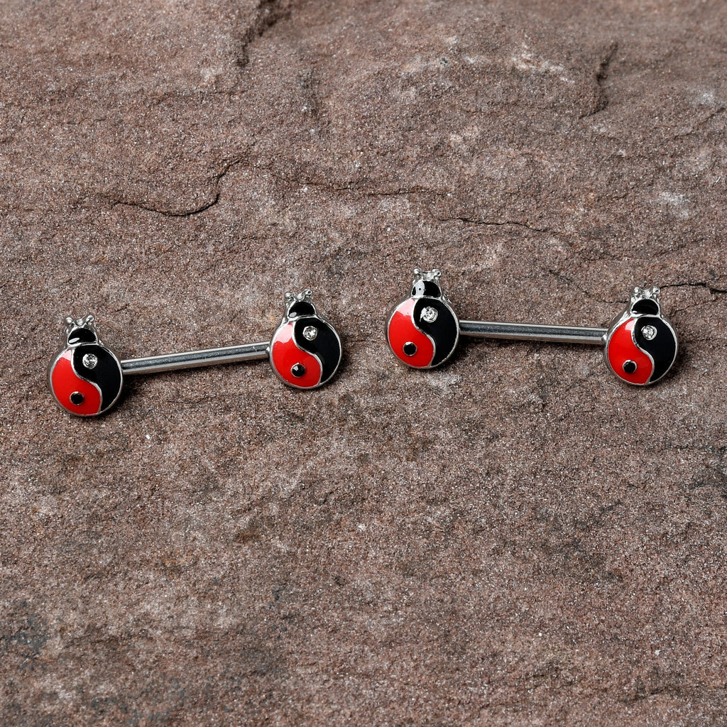 14G 9/16 Clear Gem Ladybug Yin Yang Barbell Nipple Ring Set