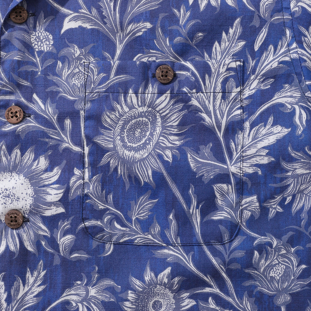 Hawaiian Shirt For Men Blue and White Porcelain Sunflower Camp collar Short Sleeve 100% Cotton Shirt By Sun