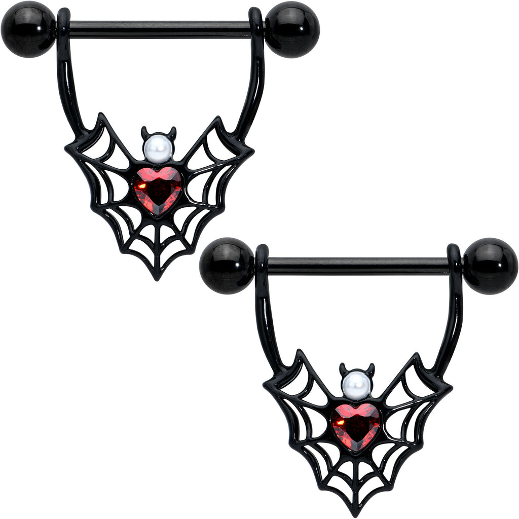 14G 11/16 Red Gem Black Gothic Bat Heart Nipple Shield Set