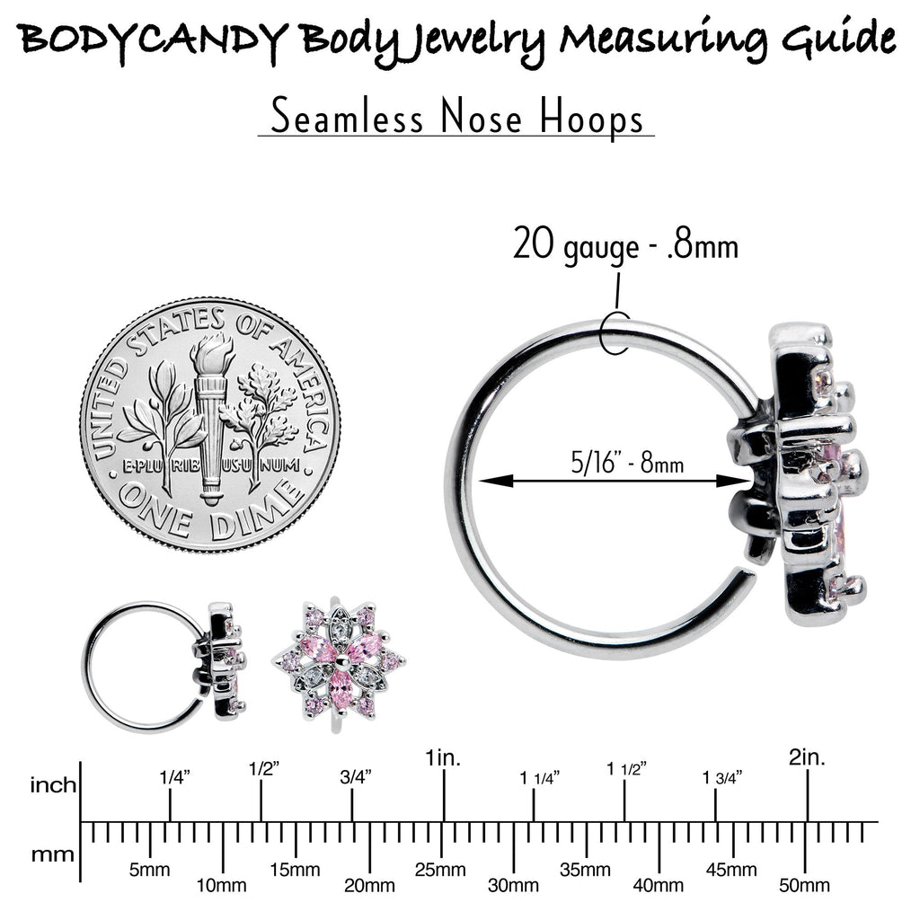 20G 5/16 Pink Clear CZ Gem Snowflake Nose Hoop