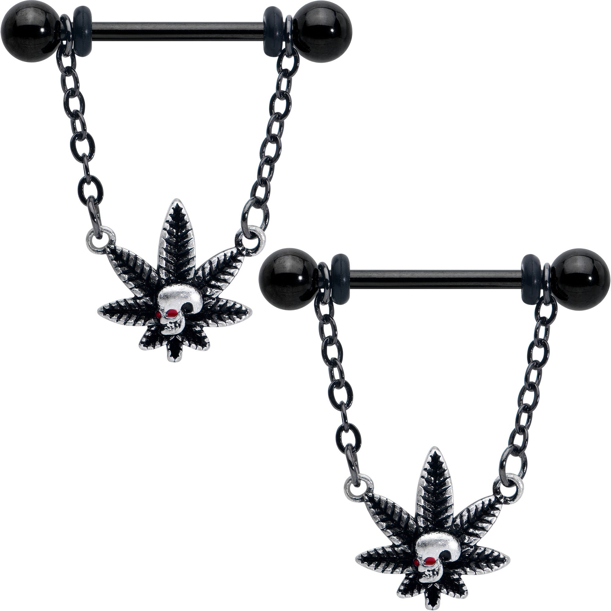 14G 9/16 Red Gem Black Pot Leaf Skull Chain Dangle Nipple Ring Set