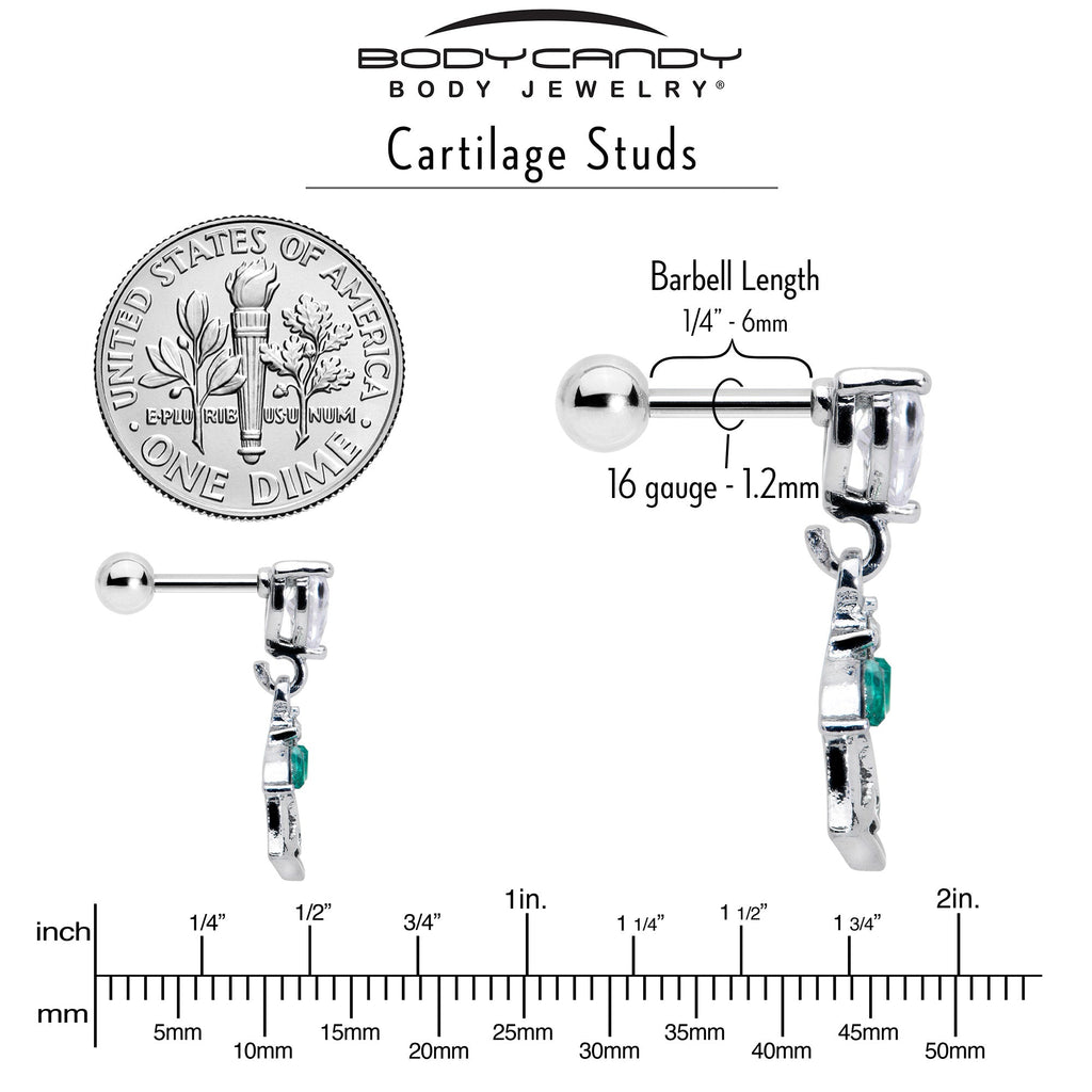 16G 1/4 Clear CZ Gem Heart And Rose Dangle Cartilage Earring