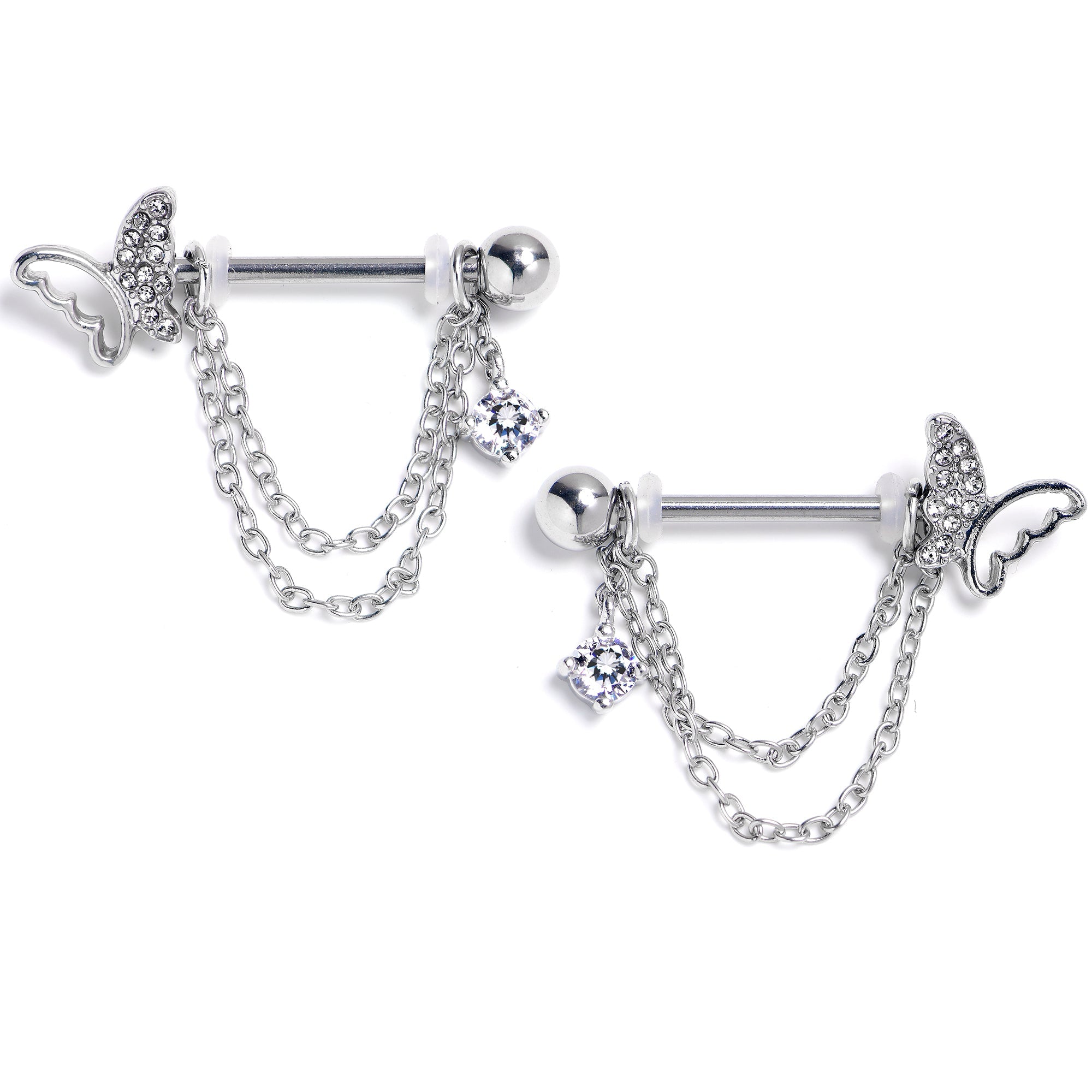 14G 9/16 Clear Gem Butterfly White Chain Dangle Nipple Ring Set