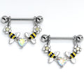 14G 9/16 Aurora Gem Heart Bees Flowers Dangle Nipple Ring Set