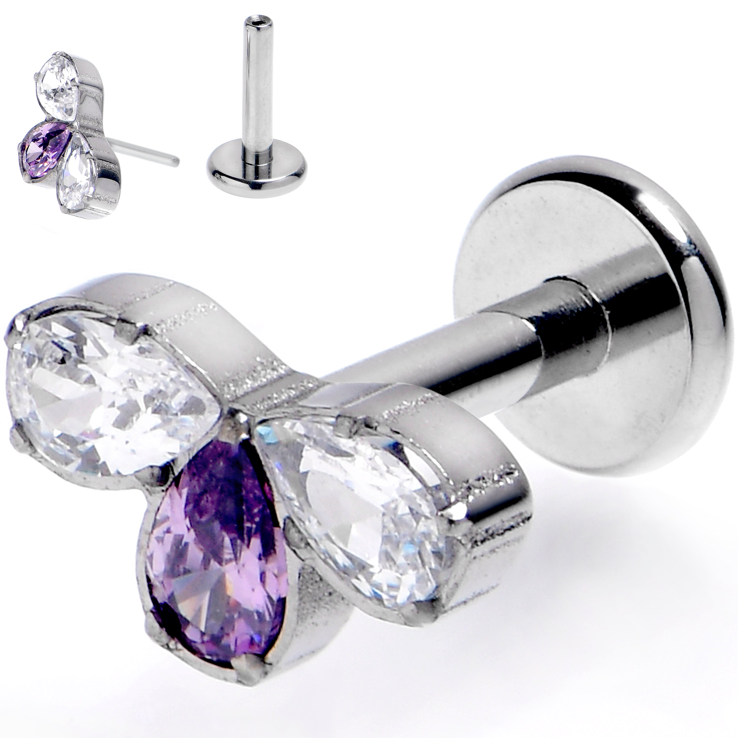 16G 1/4 Purple Gem Grade 23 Titanium Threadless Push In Labret Tragus