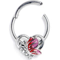 16G 3/8 Clear Gem Butterfly Love Heart Pink Hinged Segment Ring