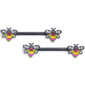 14G 9/16 Clear CZ Gem Black Bright Bee Beauty Nipple Ring Set