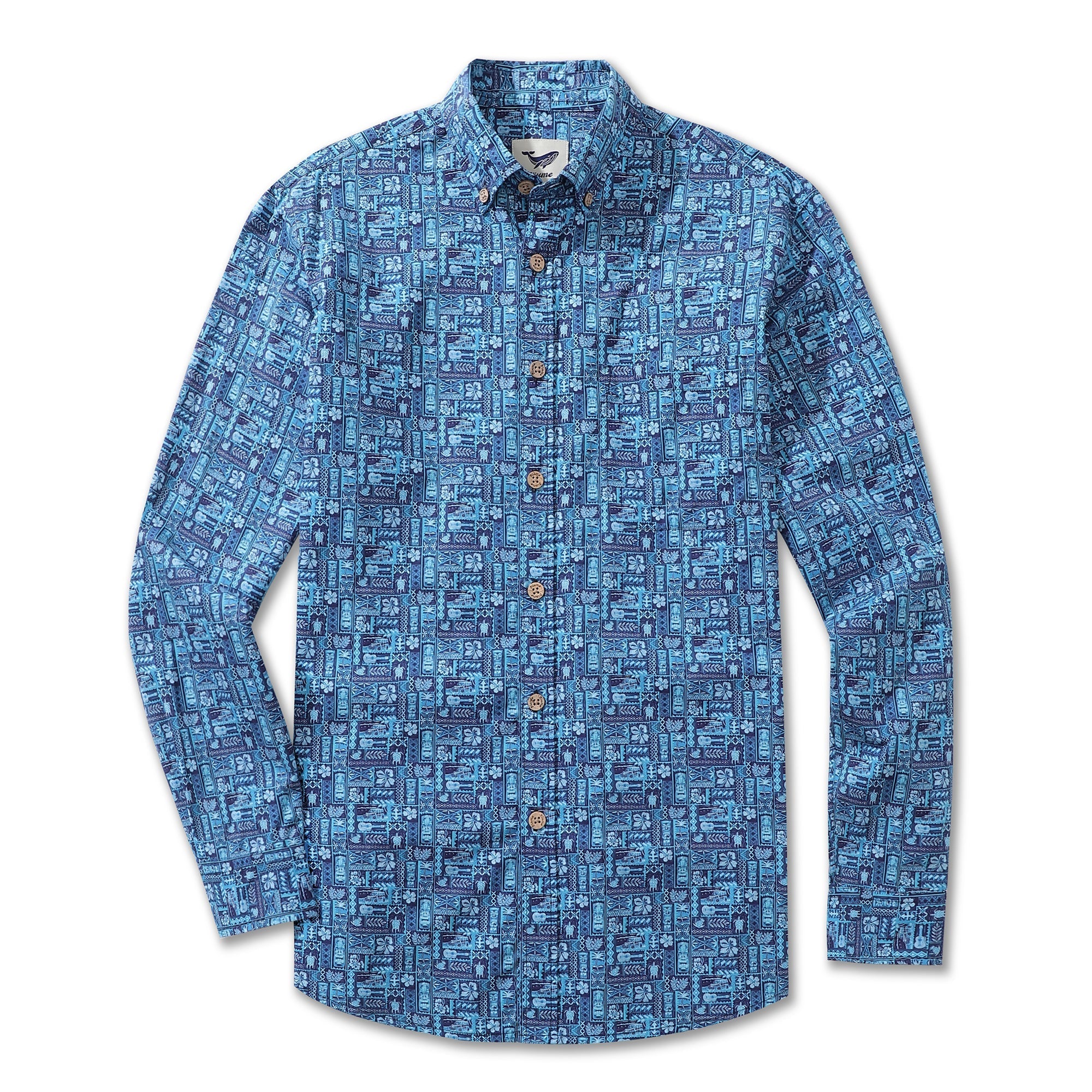 Men's Hawaiian Shirt TIKI Paradise Cotton Button-down Long Sleeve Aloha Shirt By Amy